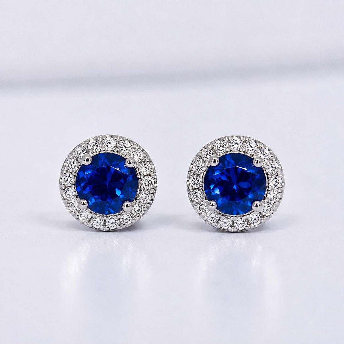 Navy Blue Sapphire Sterling Silver Halo Stud Earrings: Removable Halo