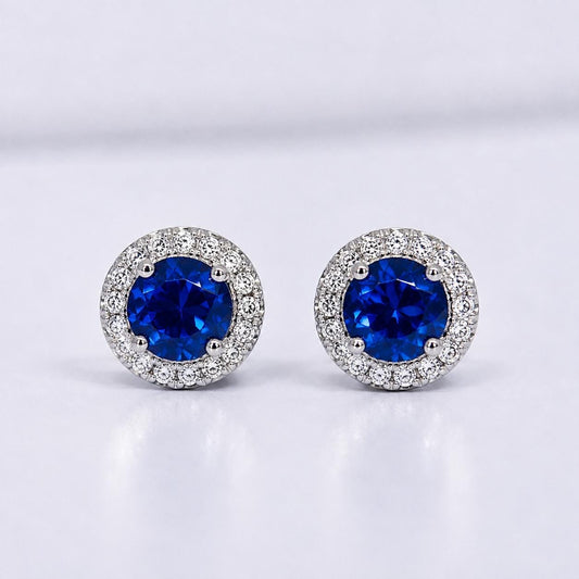 Navy Blue Sapphire Sterling Silver Halo Stud Earrings: Removable Halo