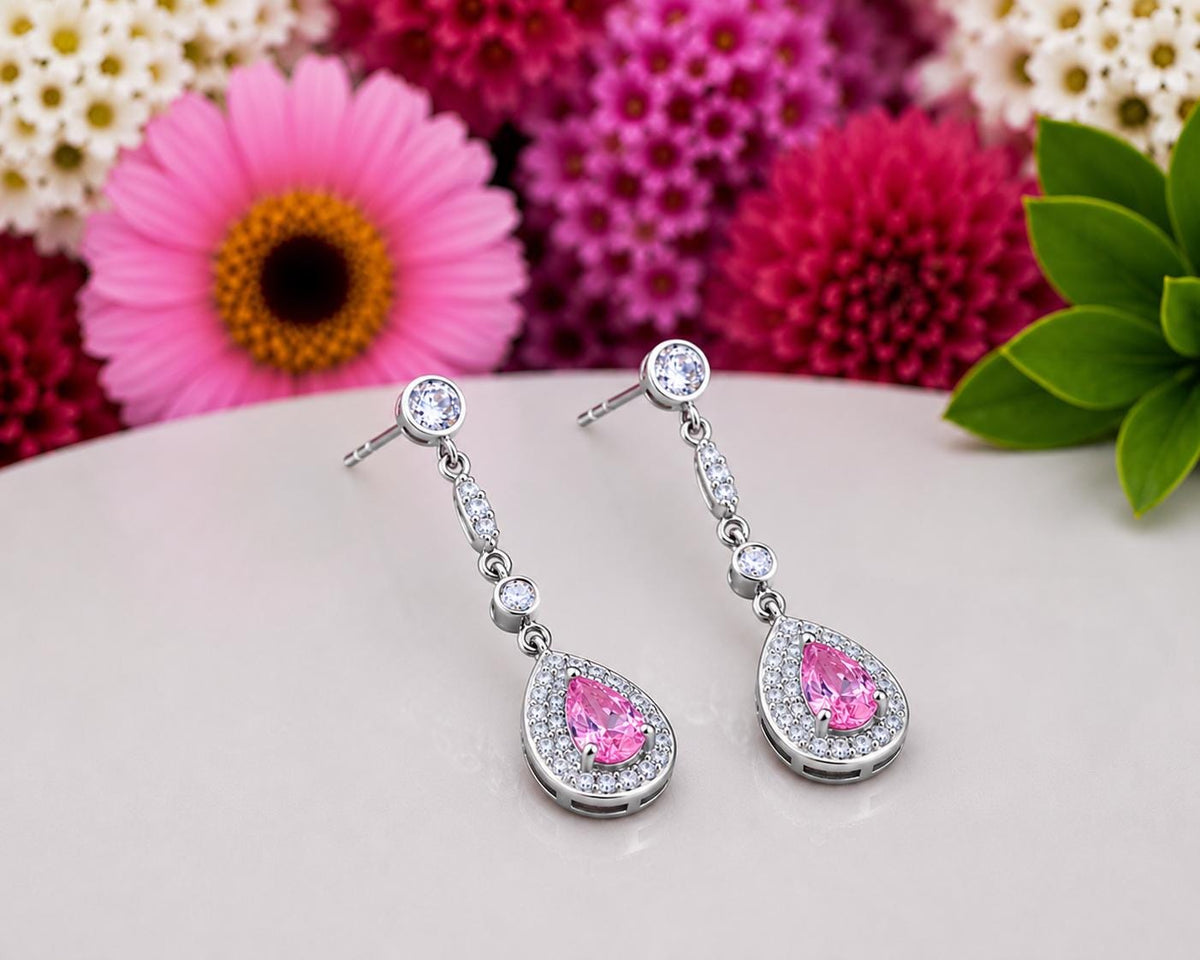 Pear Cut 1.5 CT Pink Sapphire Dangle Drop Earrings : 925 Sterling Silver