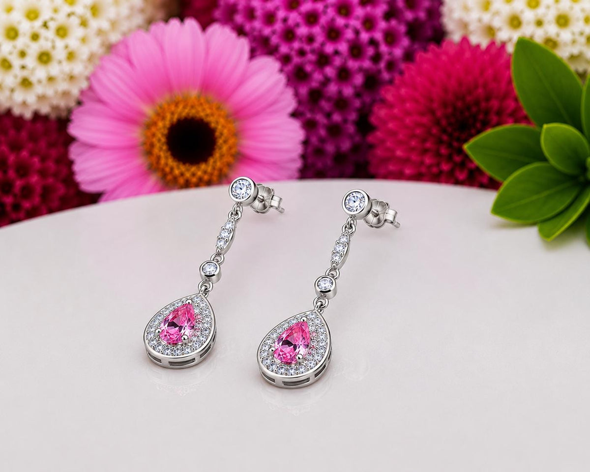 Pear Cut 1.5 CT Pink Sapphire Dangle Drop Earrings : 925 Sterling Silver