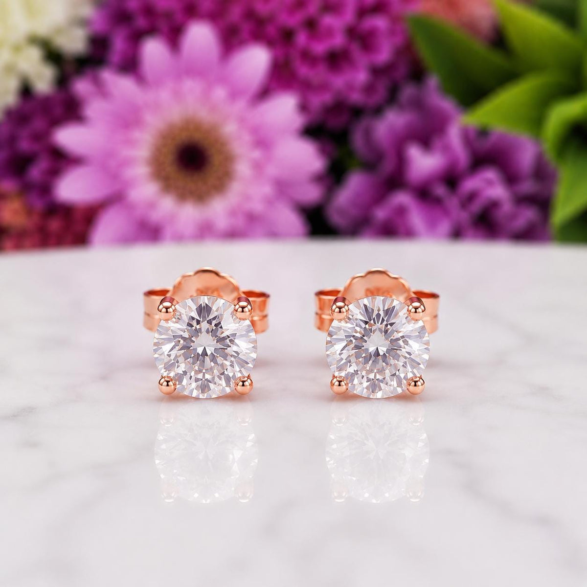 Rose Gold Round Cut Stud Earrings 1 Carat Moissanite : 925 Sterling Silver