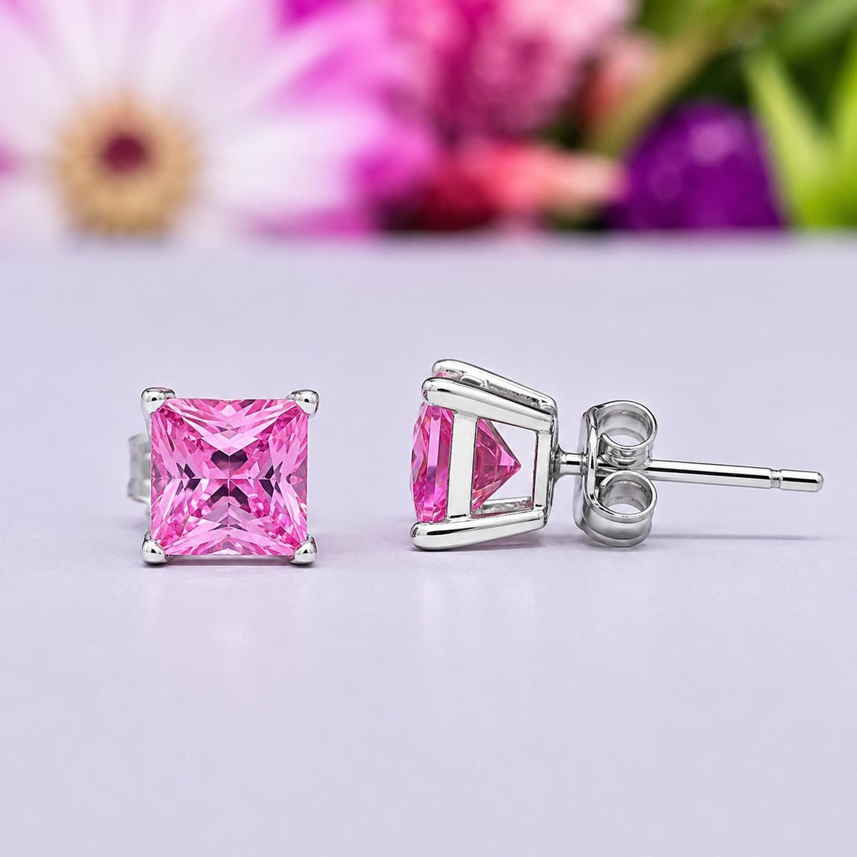 Princess Cut 1 Ct Pink Sapphire Stud Earrings 925 Sterling Silver