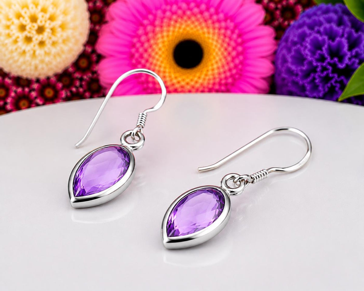 Marquise Cut 3 Carat Amethyst Dangle Drop Earrings : 925 Sterling Silver