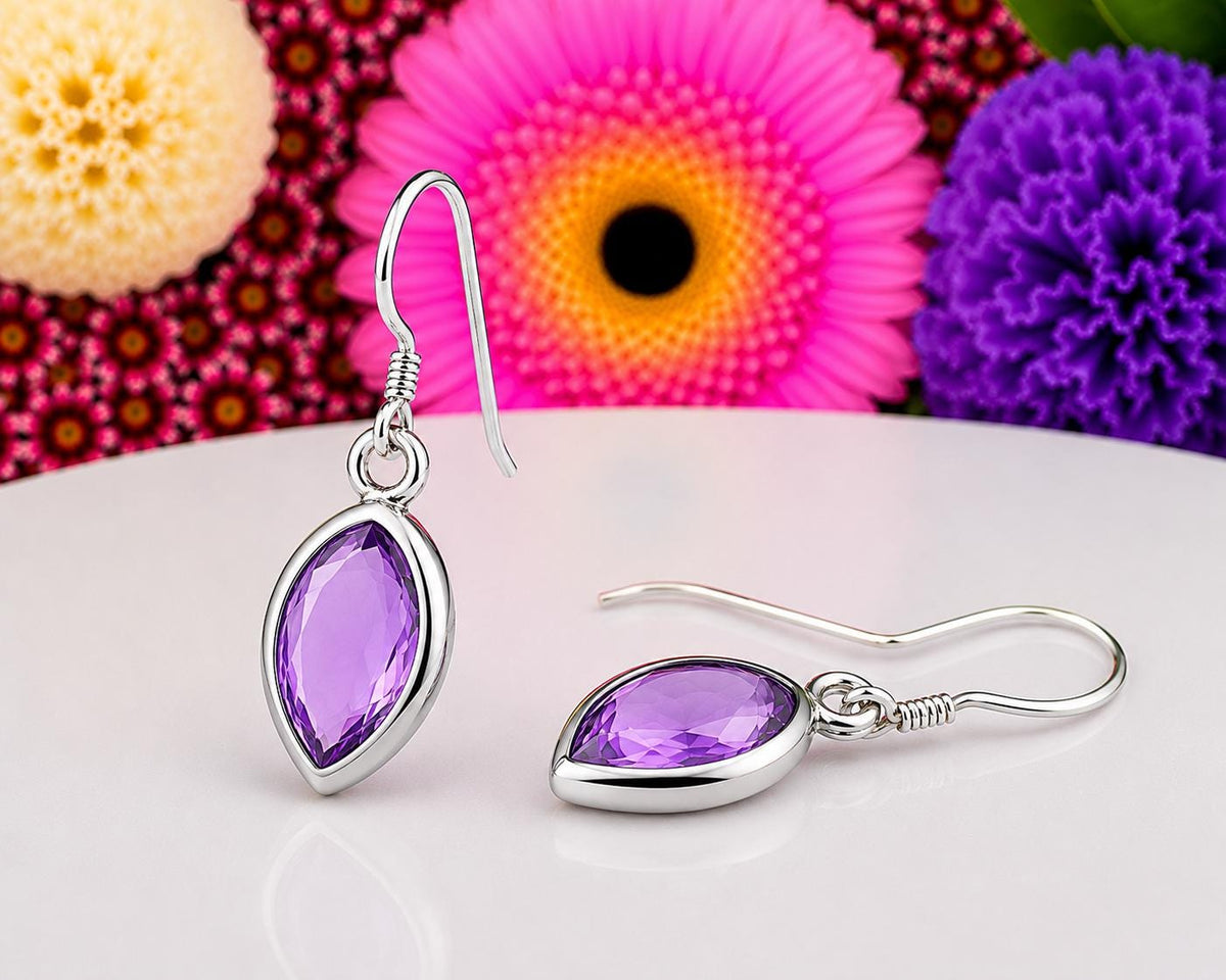 Marquise Cut 3 Carat Amethyst Dangle Drop Earrings : 925 Sterling Silver