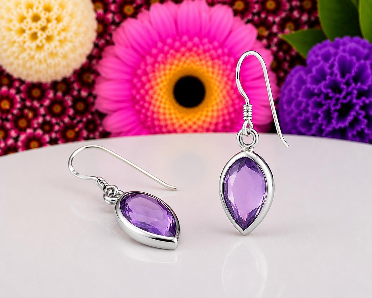 Marquise Cut 3 Carat Amethyst Dangle Drop Earrings : 925 Sterling Silver