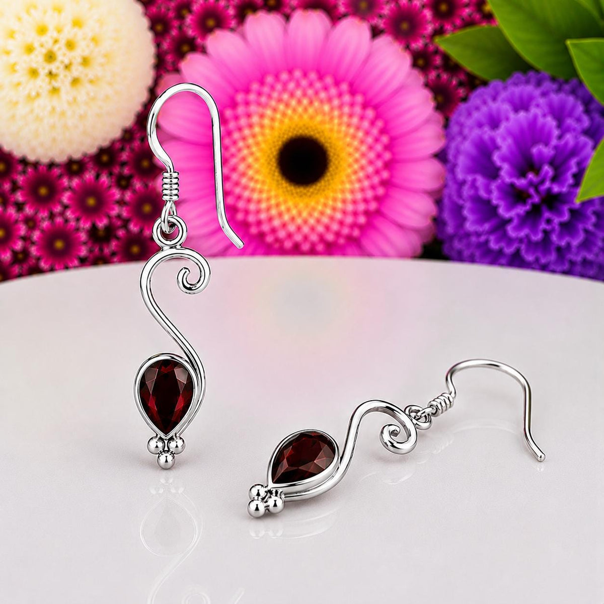 Pear Cut Red Garnet Dangle Drop Earrings : 925 Sterling Silver