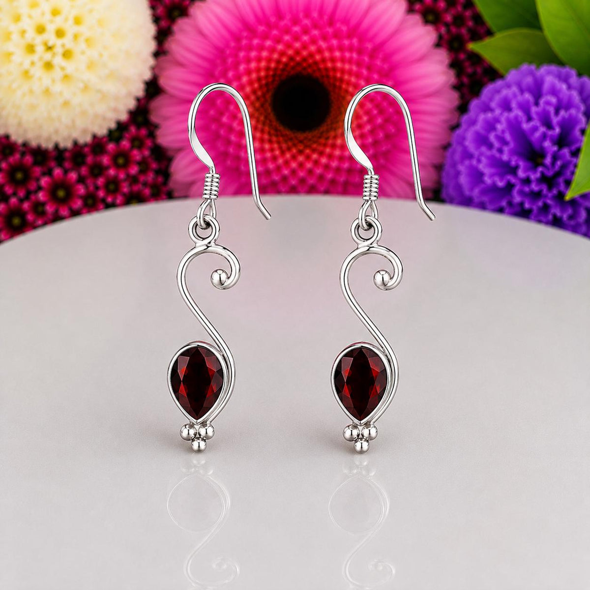 Pear Cut Red Garnet Dangle Drop Earrings : 925 Sterling Silver
