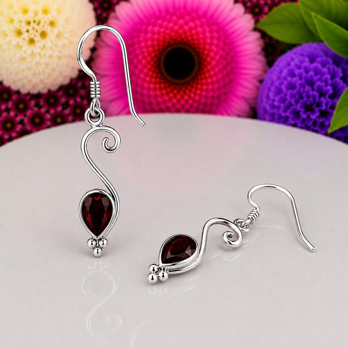 Pear Cut Red Garnet Dangle Drop Earrings : 925 Sterling Silver