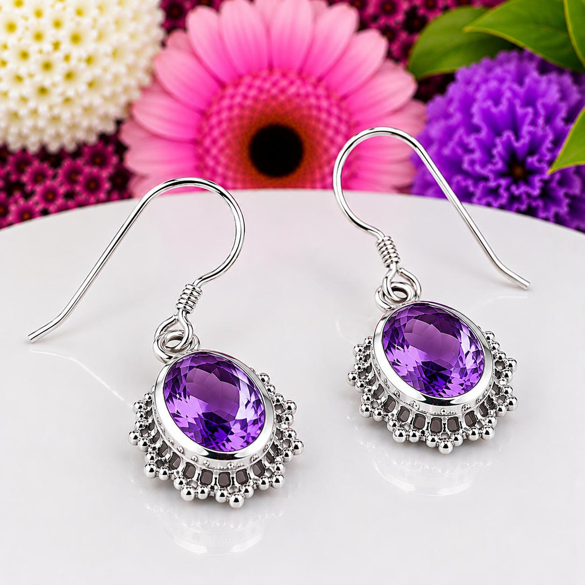 Oval Cut Vintage Style 2.5 CT Amethyst Earrings : 925 Sterling Silver