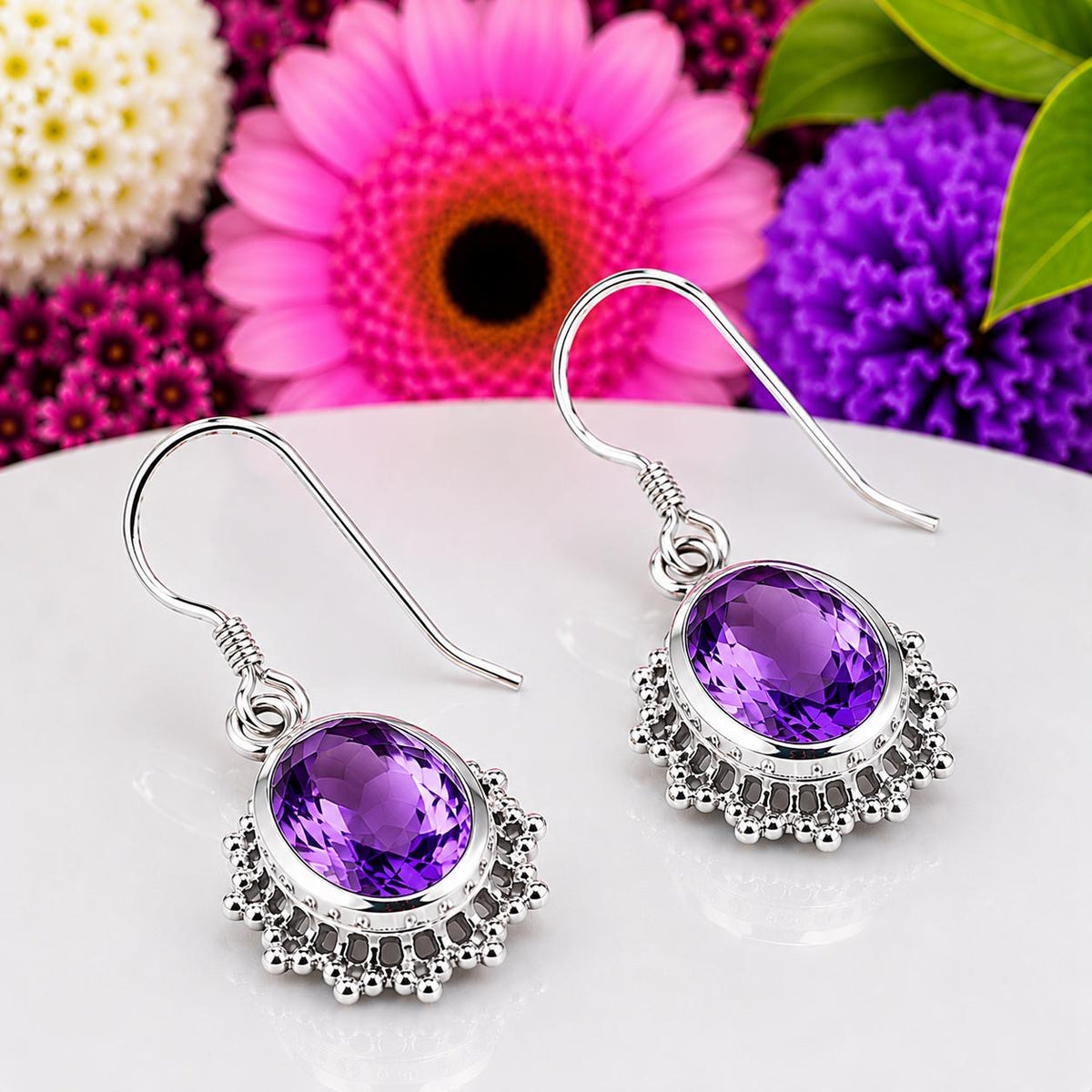 Oval Cut Vintage Style 2.5 CT Amethyst Earrings : 925 Sterling Silver