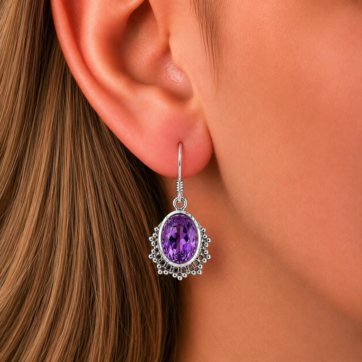 Oval Cut Vintage Style 2.5 CT Amethyst Earrings : 925 Sterling Silver