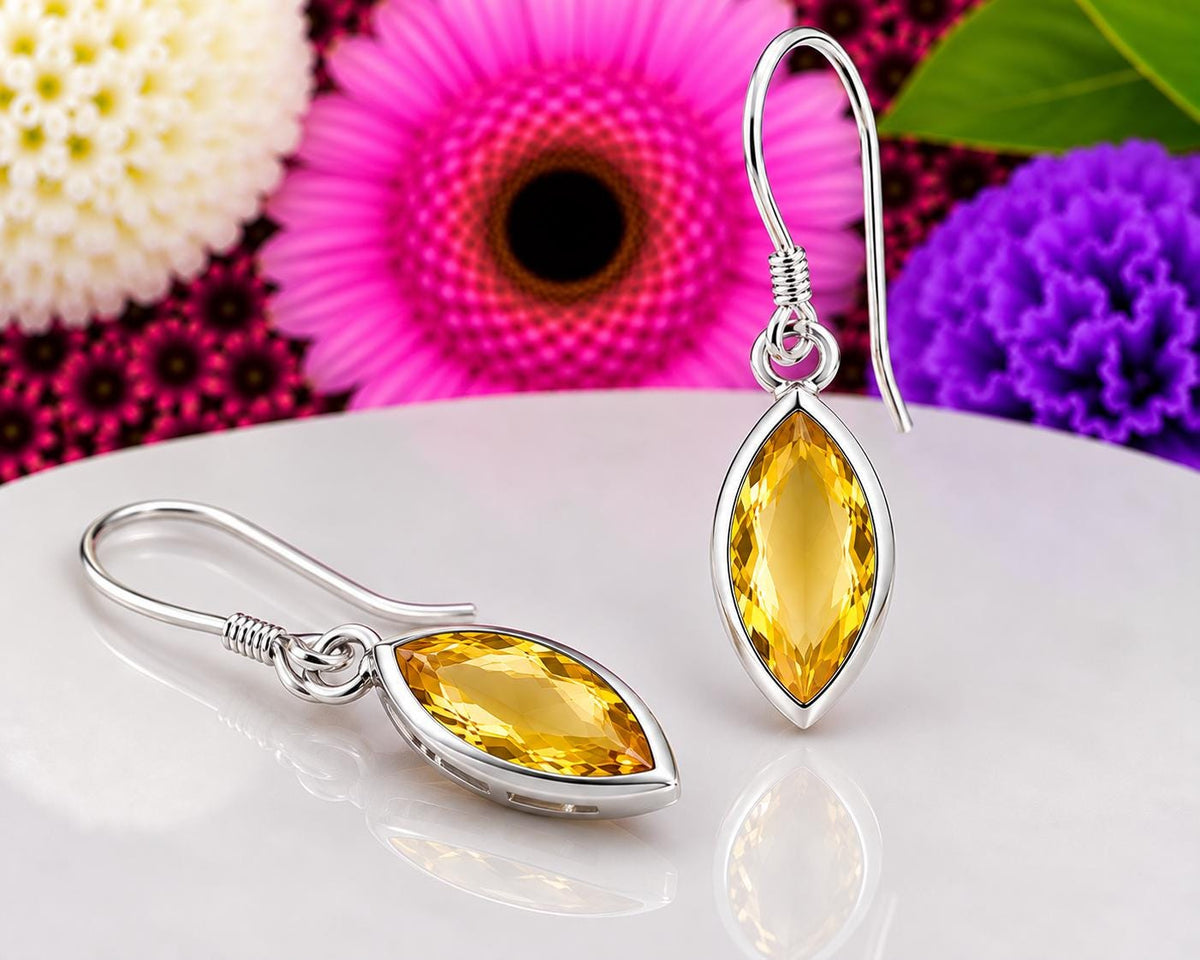 Marquise Cut 2 Carat Canary Yellow Citrine Dangle Drop Earrings : 925 Sterling Silver