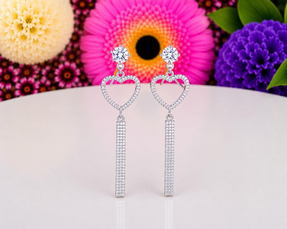 Heart Dangle Drop Moissanite Earrings : 925 Sterling Silver