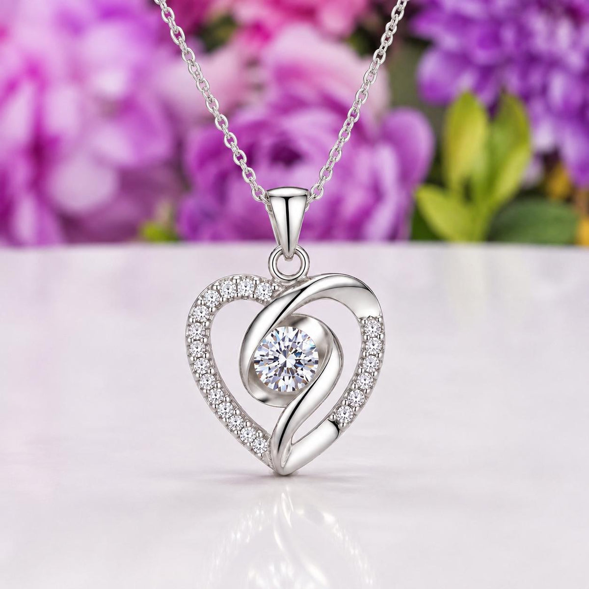 Silver Heart Moissanite Diamond Necklace : 925 Sterling Silver