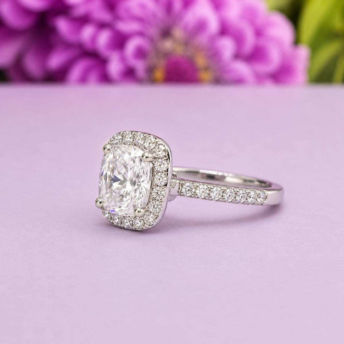 Cushion Cut 3 Carat Moissanite Halo Ring - Sterling Silver