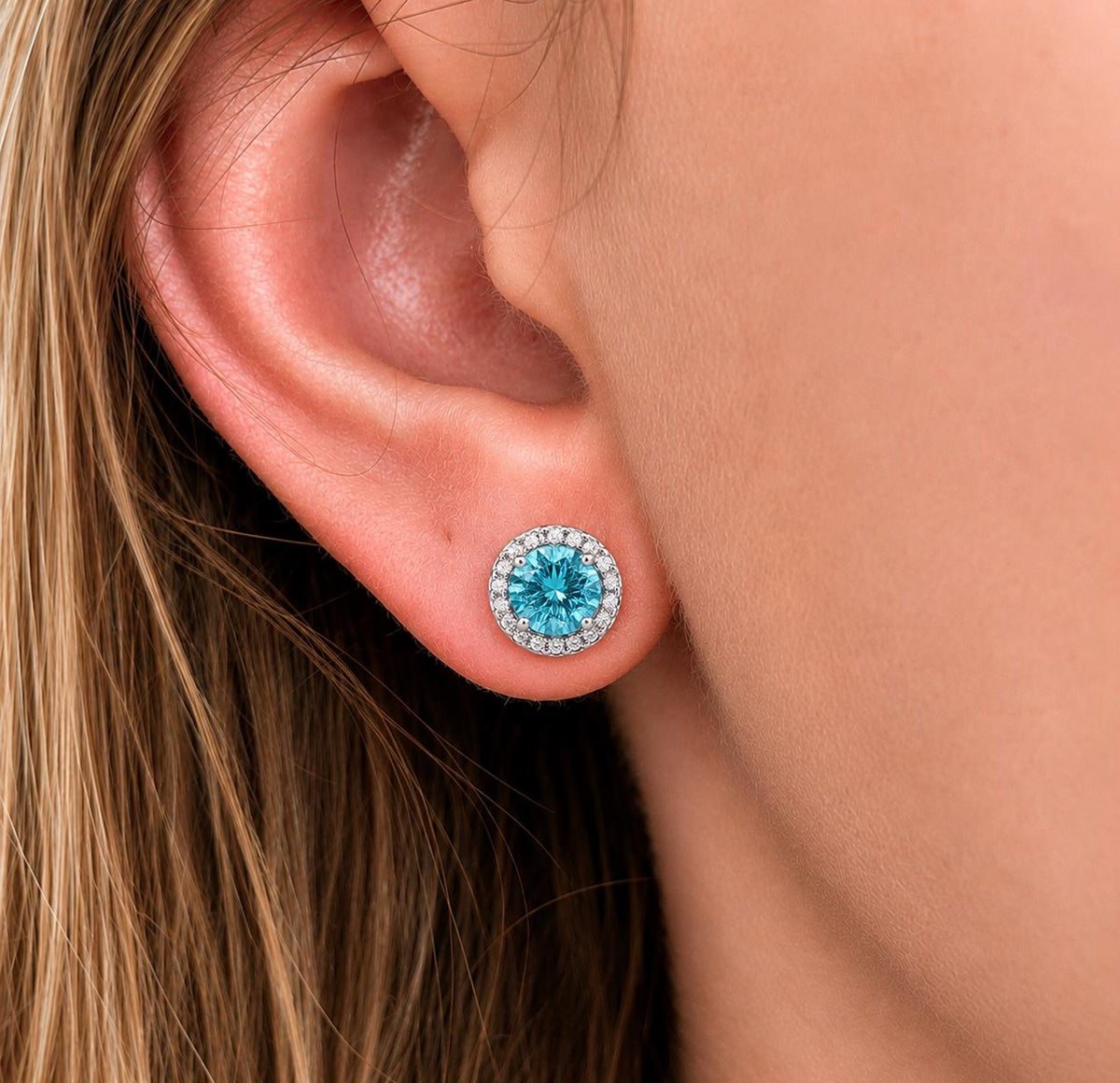 Blue Sapphire Stud Earrings: Removable Halo, 925 Sterling Silver