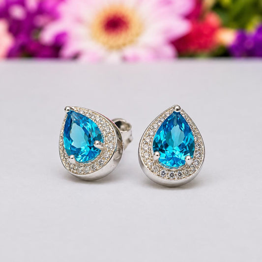 Pear Cut Blue Sapphire Stud Earrings : 925 Sterling Silver