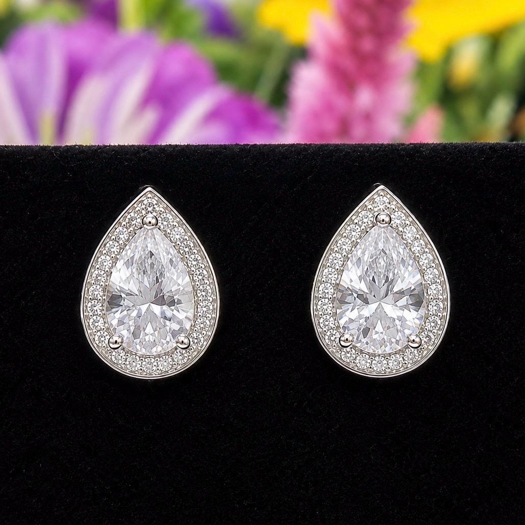 Pear Cut 1 Ct Moissanite Stud Earrings: 925 Sterling Silver