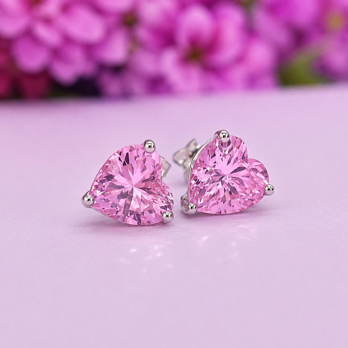 Heart Cut Champagne Pink 2 Ct Sapphire Stud Earrings: Sterling Silver