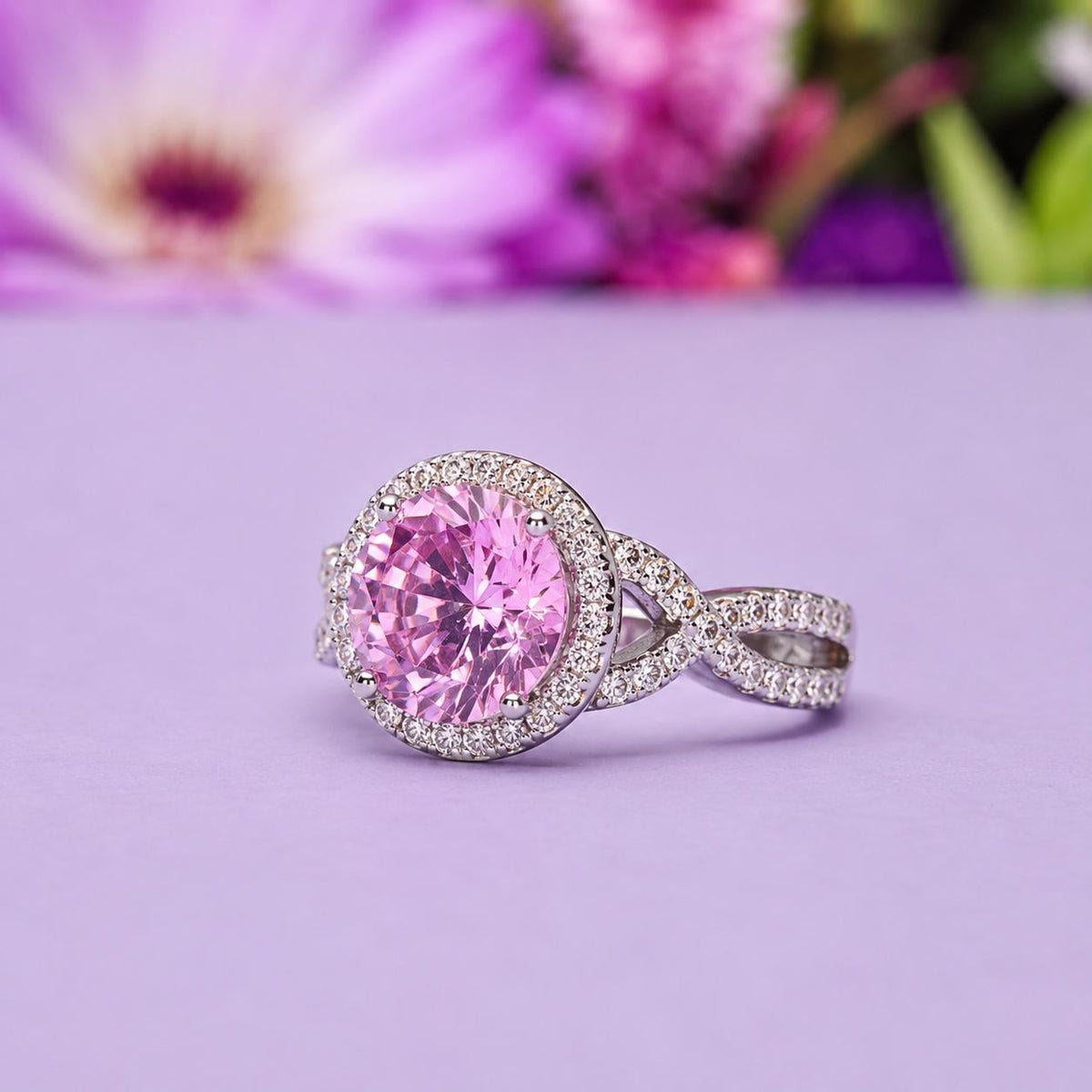 Round Cut 3 CT Pink Sapphire Engagement Ring: 925 Sterling Silver