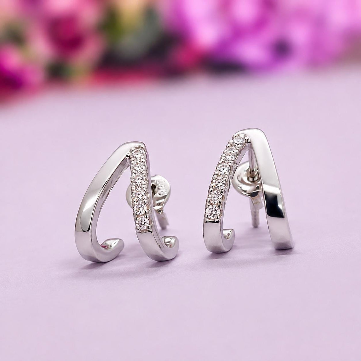 Half Hoop Earrings Moissanite Diamond : 925 Sterling Silver Earrings