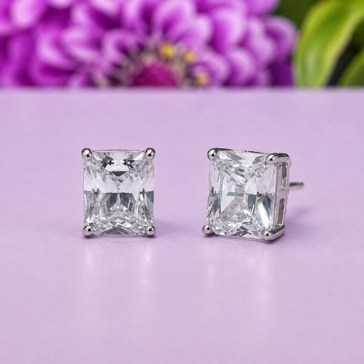 Princess Cut Baguette 4 Ct Moissanite Diamond Stud : 925 Sterling Silver Earrings