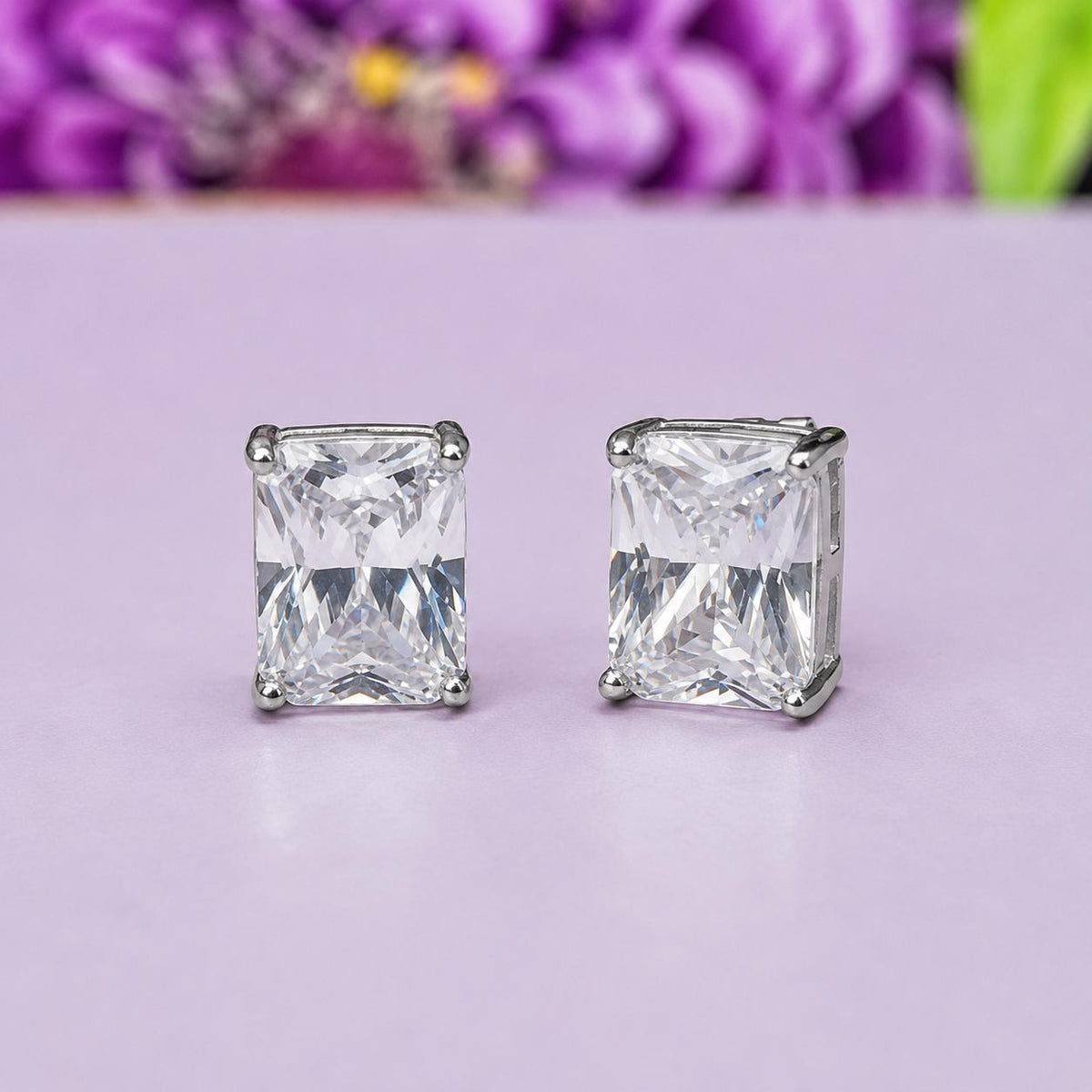 Princess Cut Baguette 4 Ct Moissanite Diamond Stud : 925 Sterling Silver Earrings
