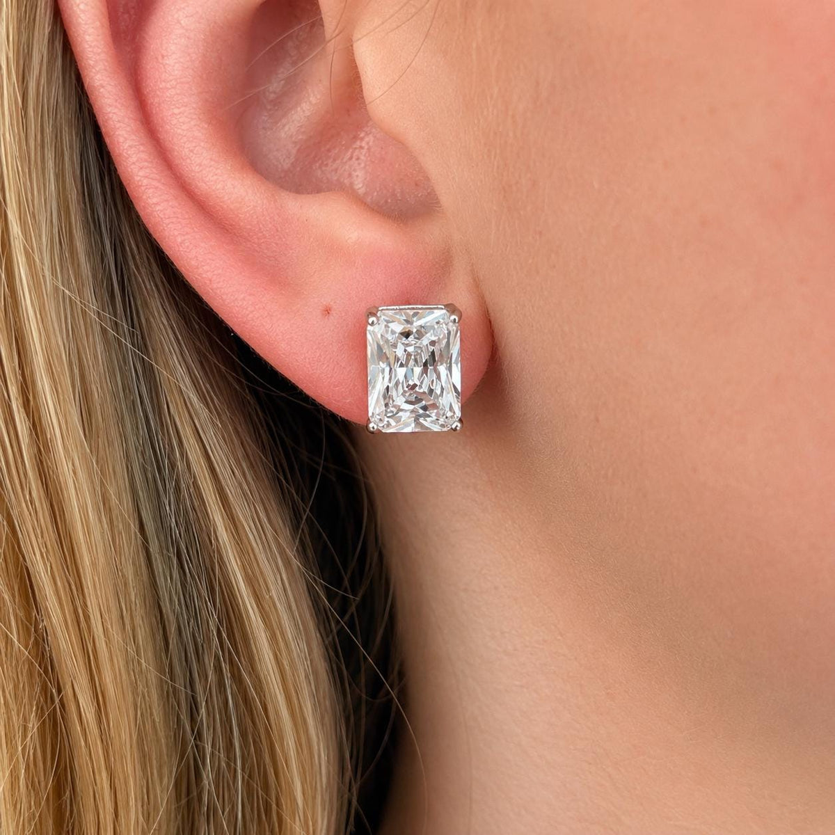 Princess Cut Baguette 4 Ct Moissanite Diamond Stud : 925 Sterling Silver Earrings