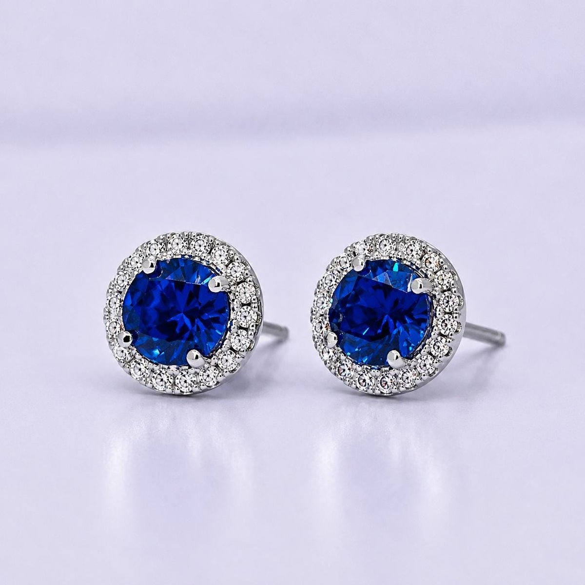 Navy Blue Sapphire Sterling Silver Halo Stud Earrings: Removable Halo