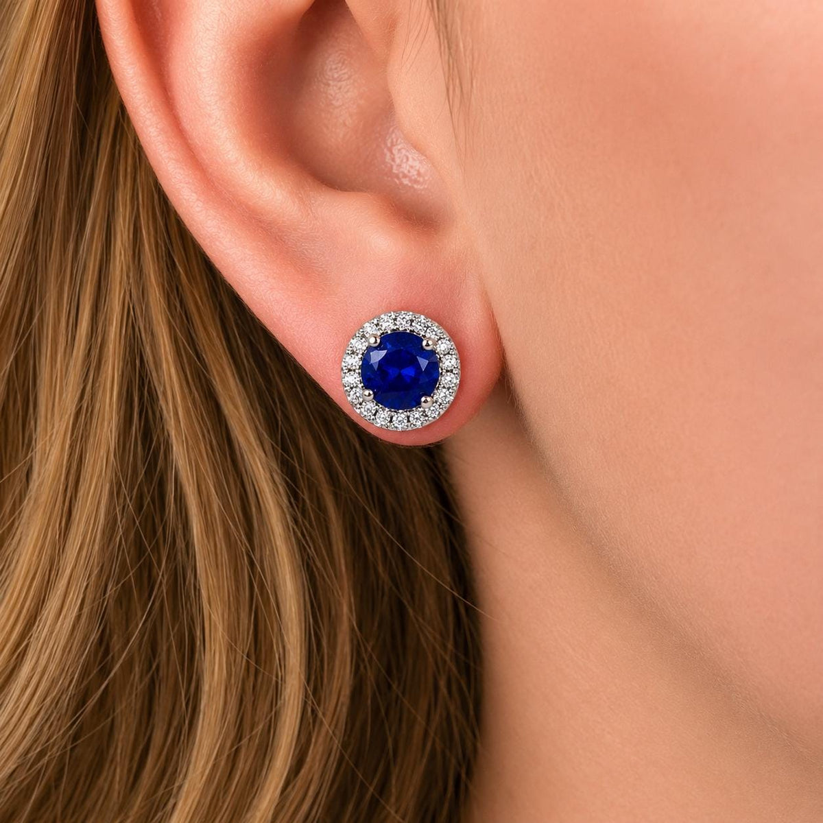 Navy Blue Sapphire Sterling Silver Halo Stud Earrings: Removable Halo