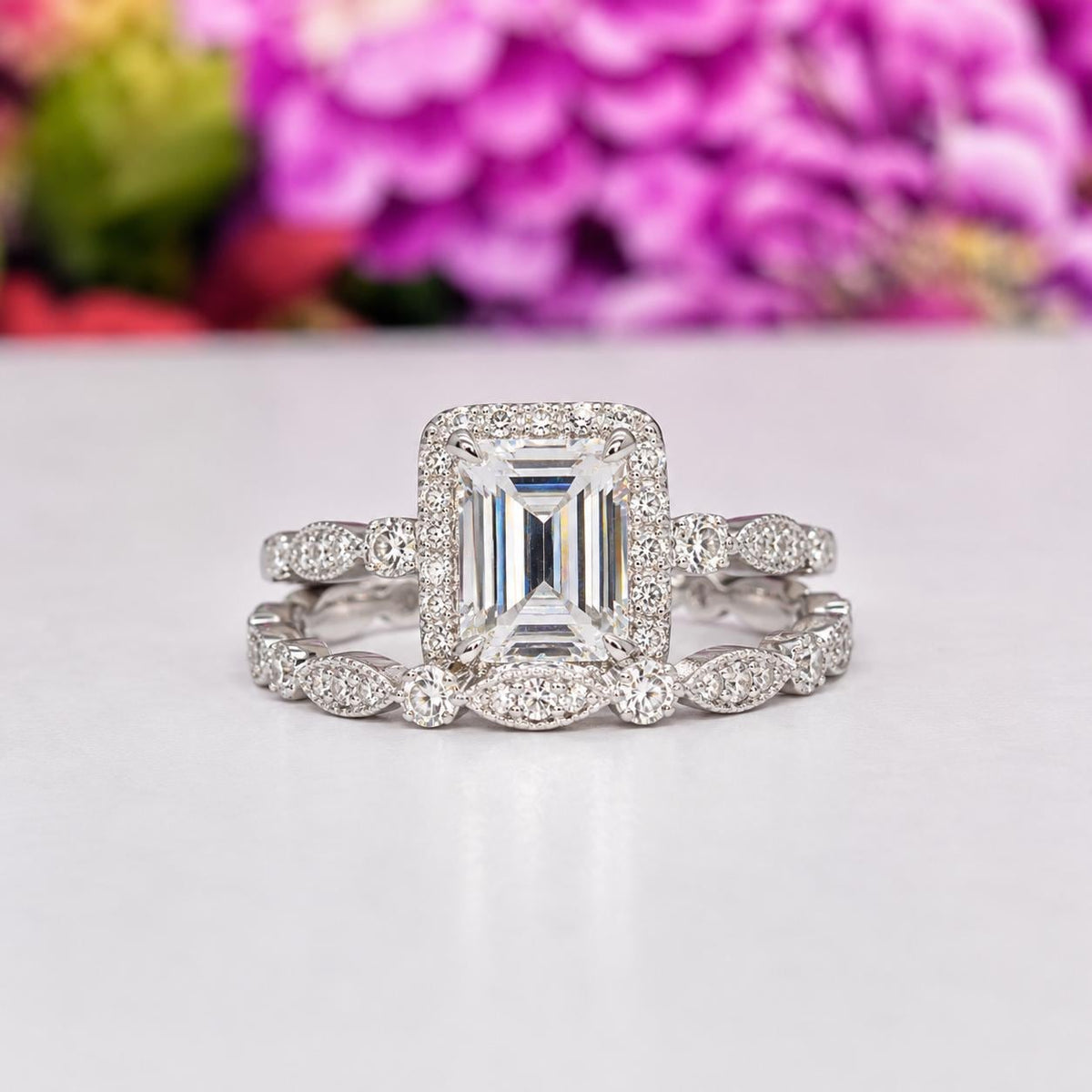 Radiant 2 Carat Moissanite Engagement Ring Emerald Cut : 925 Sterling Silver