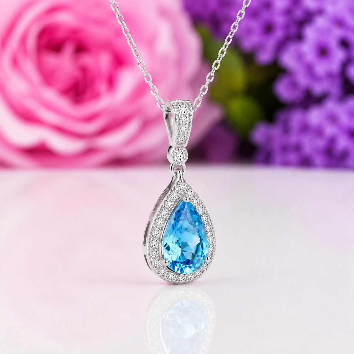 Tear Drop 3 Ct Blue Sapphire Necklace : 925 Sterling Silver