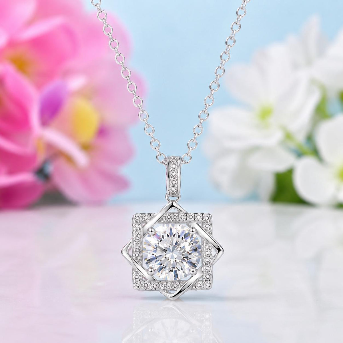 Round Cut Octagram 2 Carat Moissanite Necklace : 925 Sterling Silver