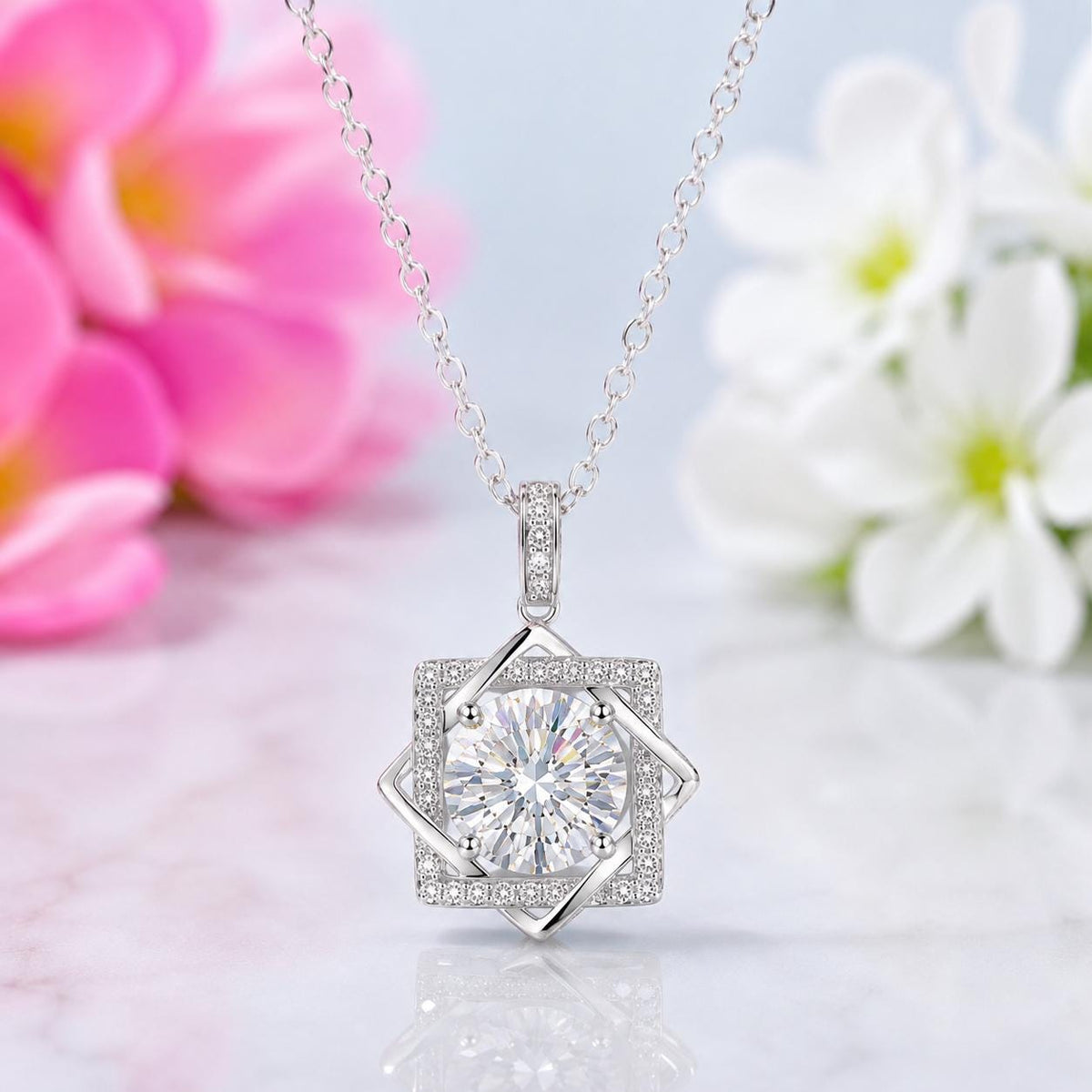 Round Cut Octagram 2 Carat Moissanite Necklace : 925 Sterling Silver