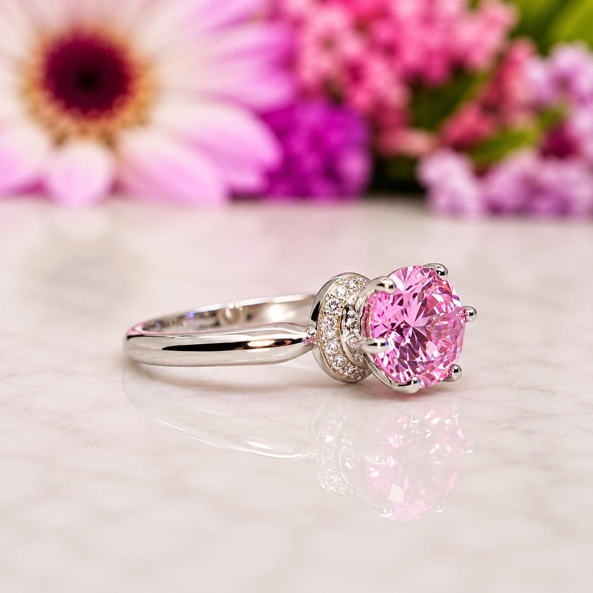 Round Cut Crown 1.25 Ct Pink Sapphire Engagement Ring: 925 Sterling Silver