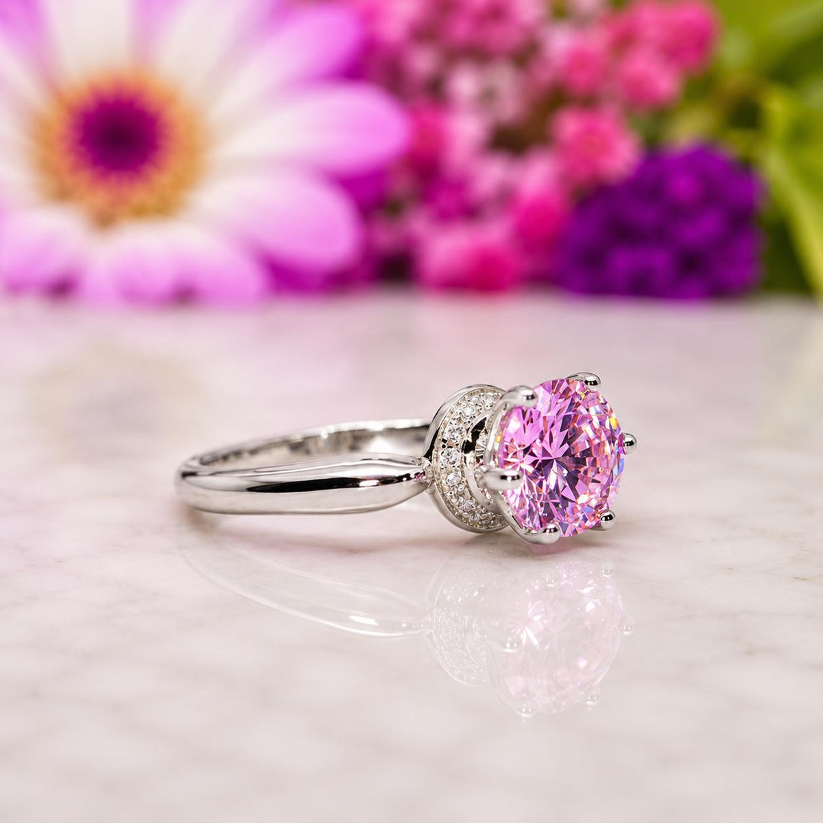 Round Cut Crown 1.25 Ct Pink Sapphire Engagement Ring: 925 Sterling Silver