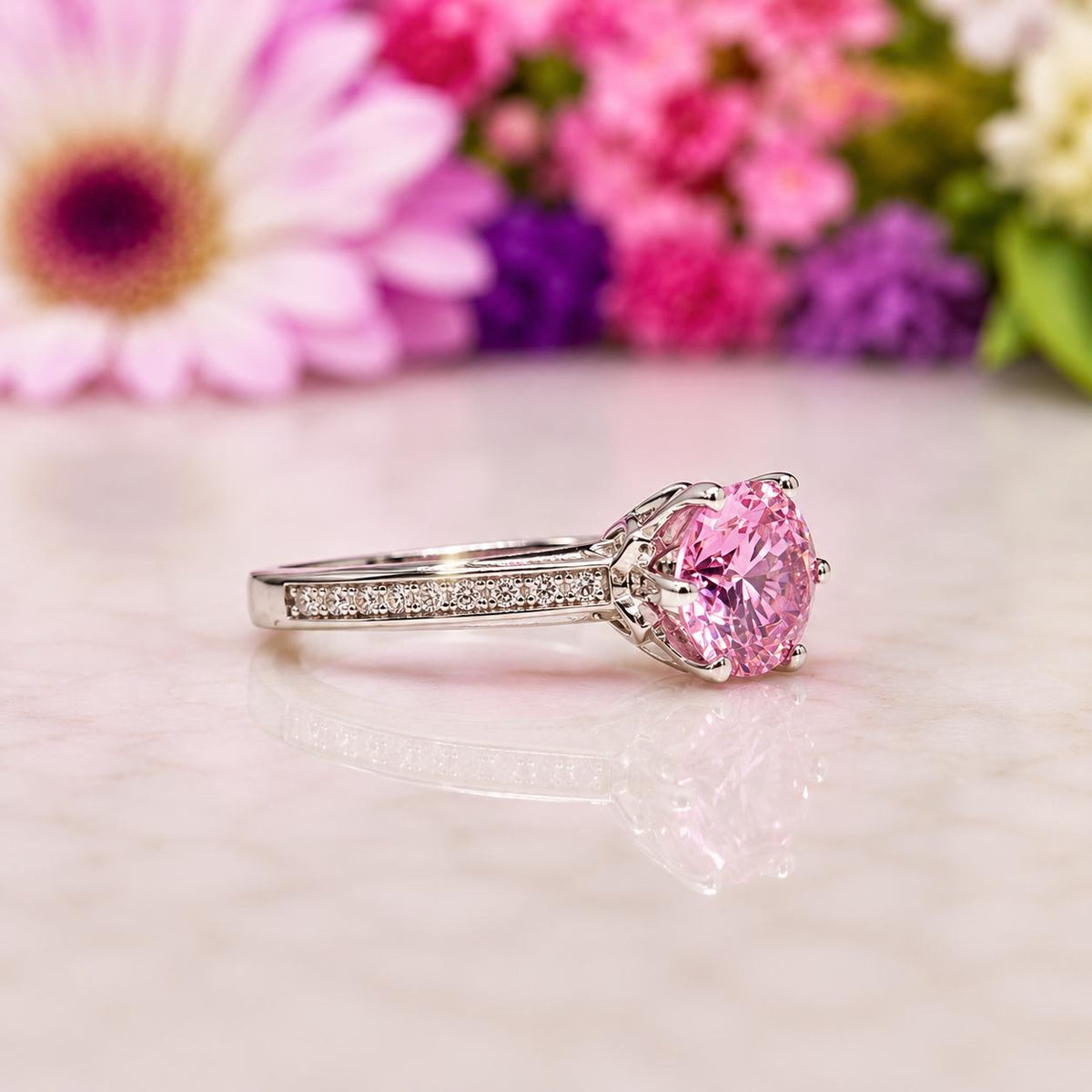 Round Cut 1.25 Ct Pink Sapphire Engagement Ring : 925 Sterling Silver