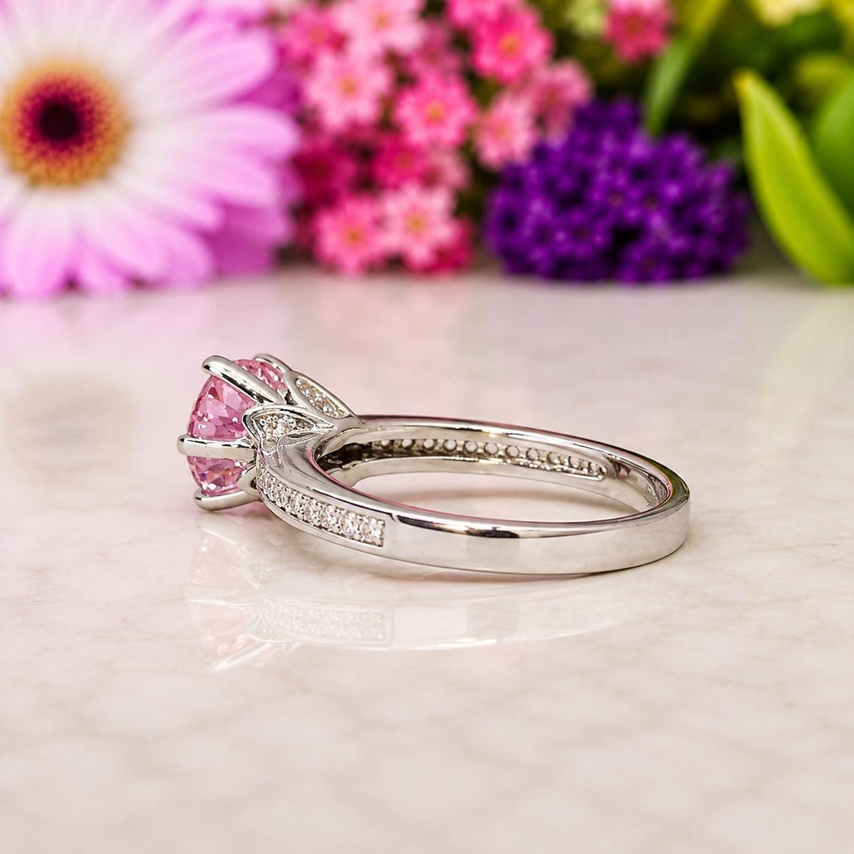 Round Cut 1.25 Ct Pink Sapphire Engagement Ring : 925 Sterling Silver