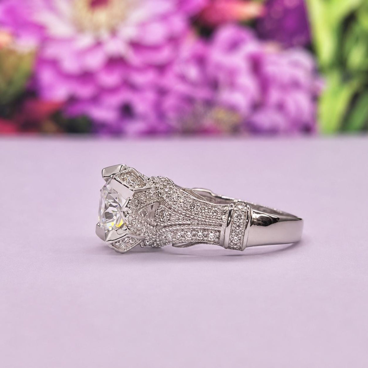 Vintage Style Victorian 2 Ct  Moissanite Diamond Solid 925 Sterling Silver Engagement Ring