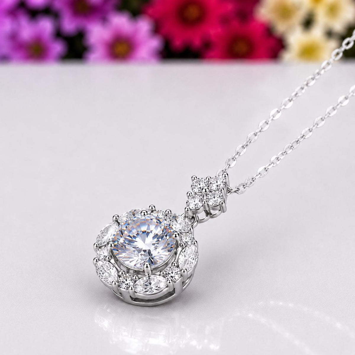 Flower Moissanite Diamond Necklace 2 Carat : 925 Sterling Silver