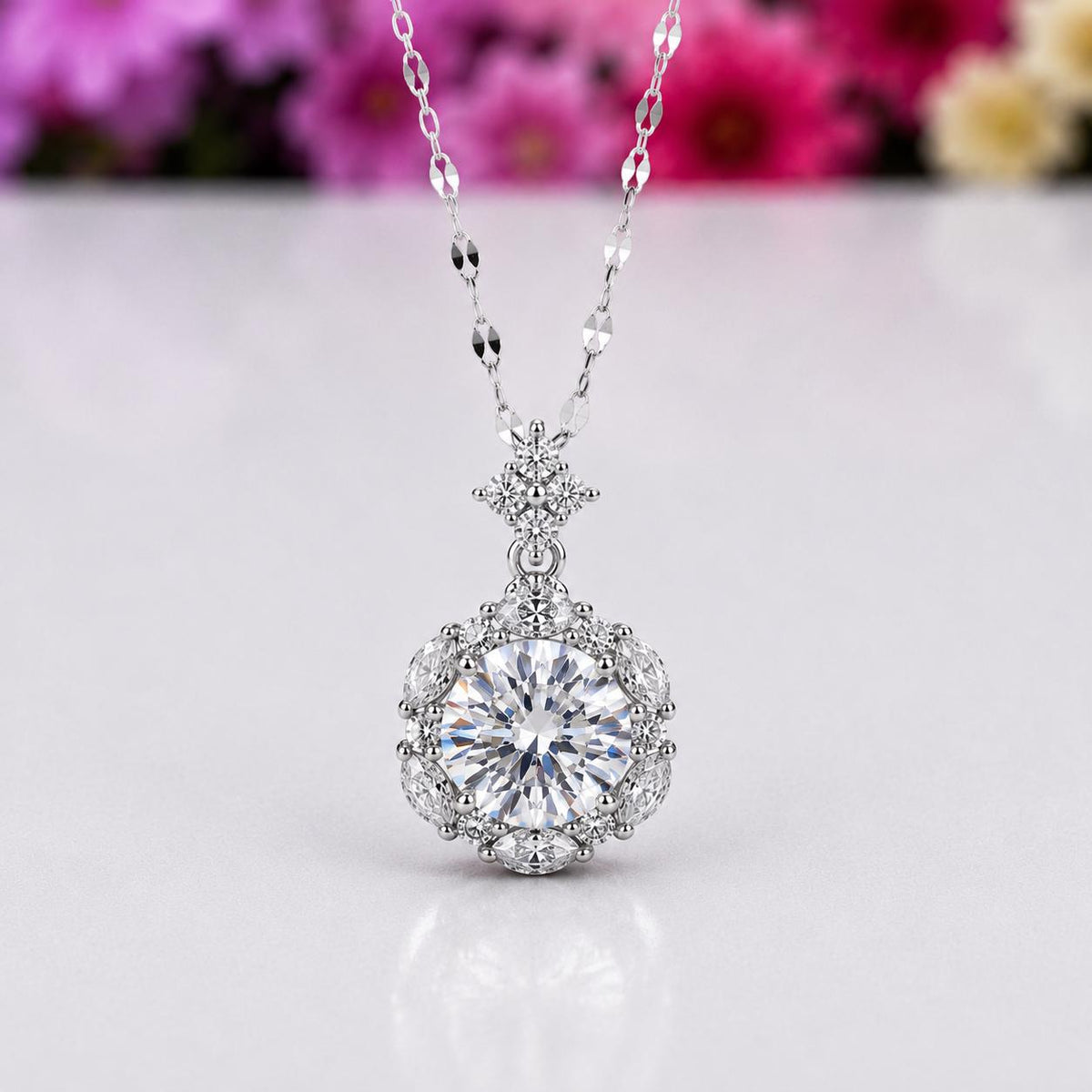 Flower Moissanite Diamond Necklace 2 Carat : 925 Sterling Silver