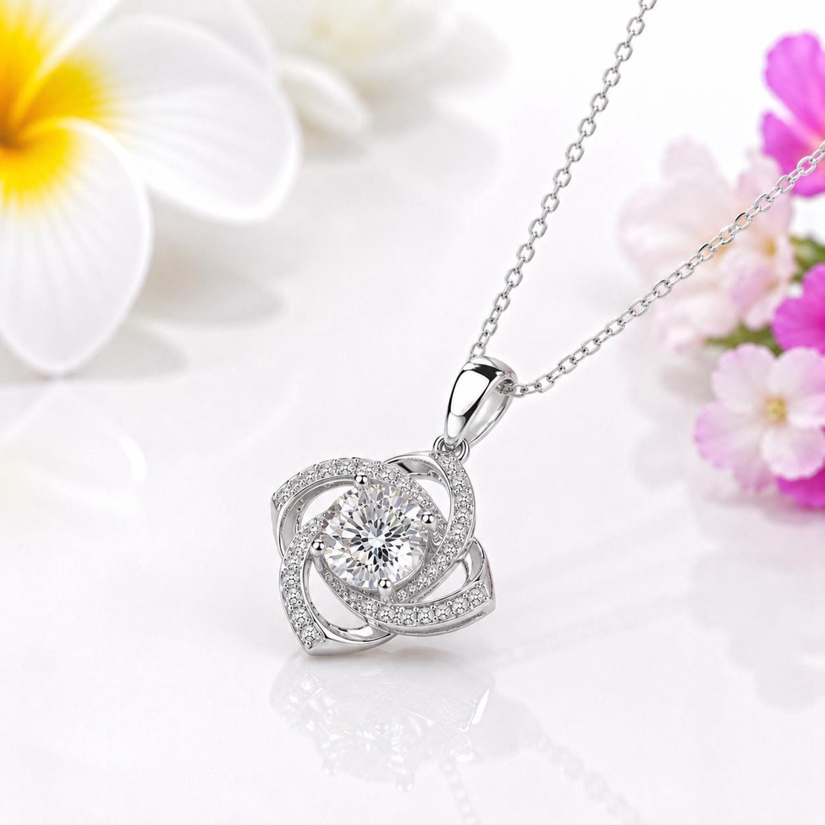 Rose Round Cut Moissanite Necklace 1 Carat : 925 Sterling Silver