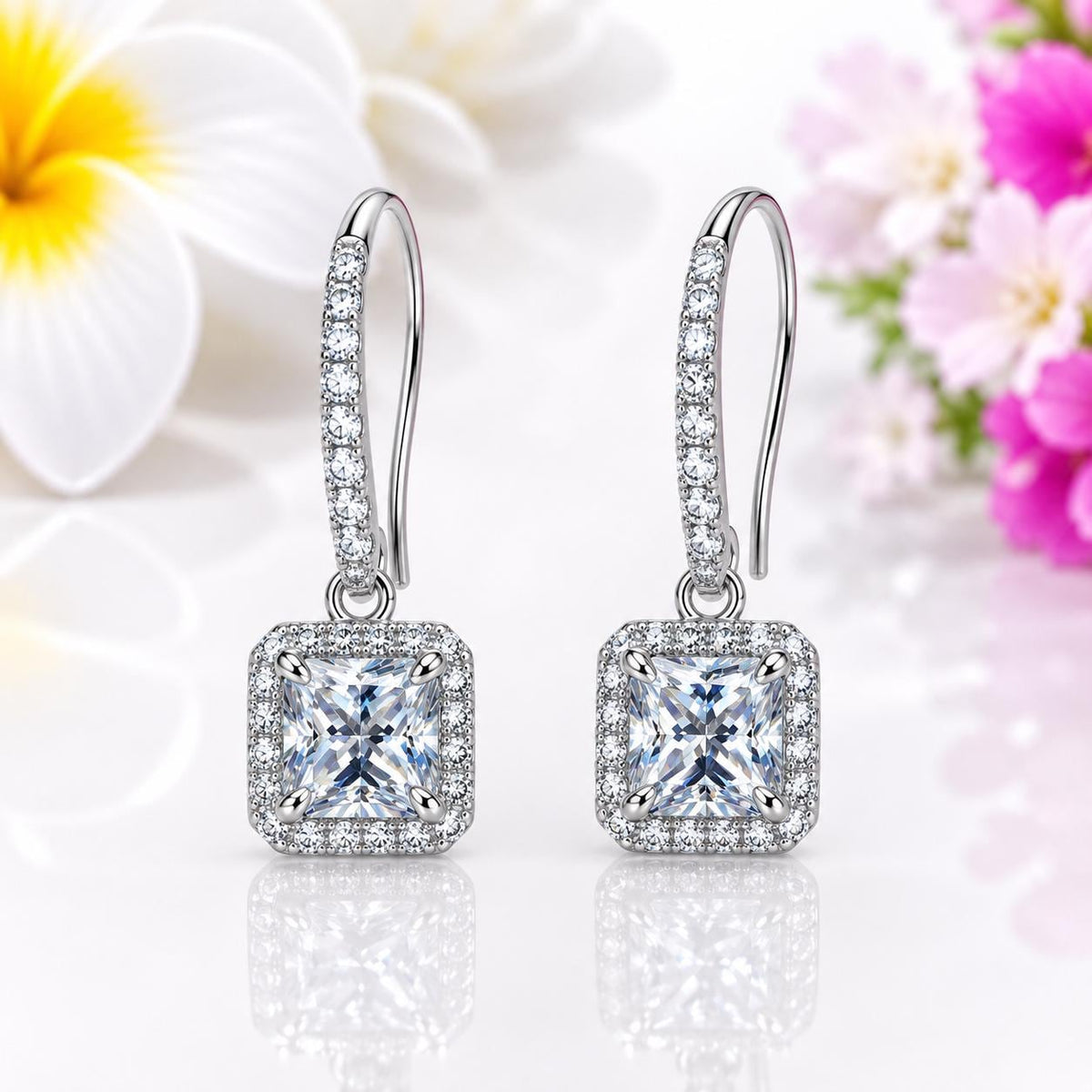 Princess Cut Moissanite 1 Carat Dangle Drop Earrings : 925 Sterling Silver