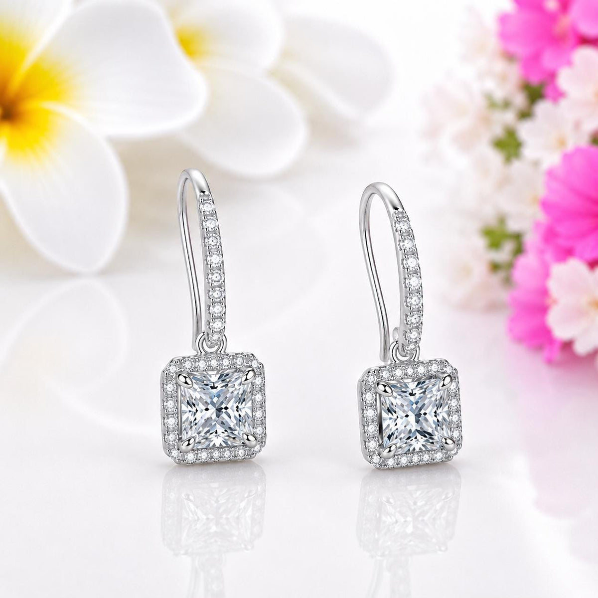 Princess Cut Moissanite 1 Carat Dangle Drop Earrings : 925 Sterling Silver
