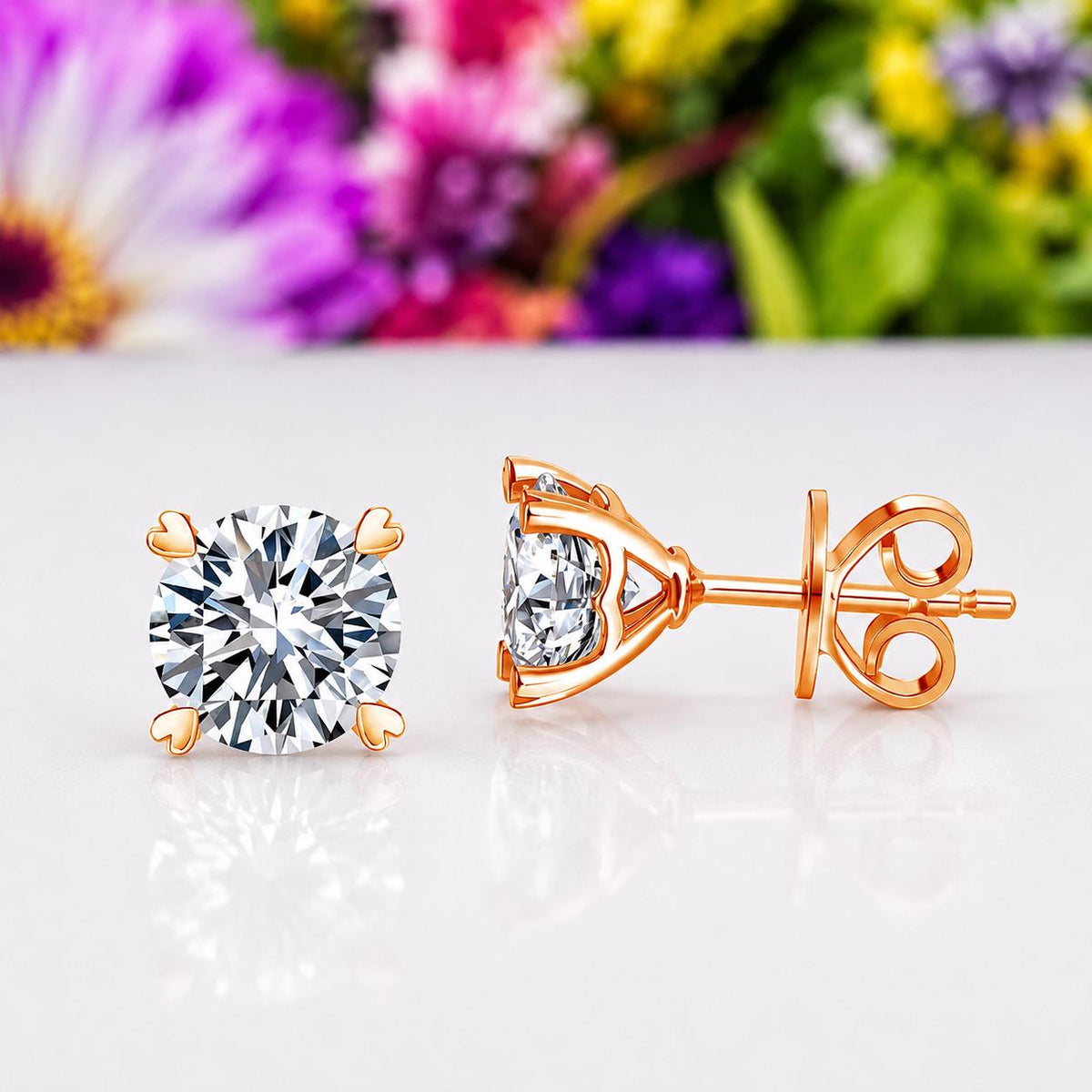 Heart Claw 1 Carat Moissanite Stud Earrings Rose Gold : 925 Sterling Silver