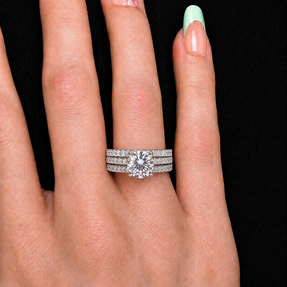 Moissanite Sterling Silver Wedding Ring Set - Round Bridal Stacking Rings