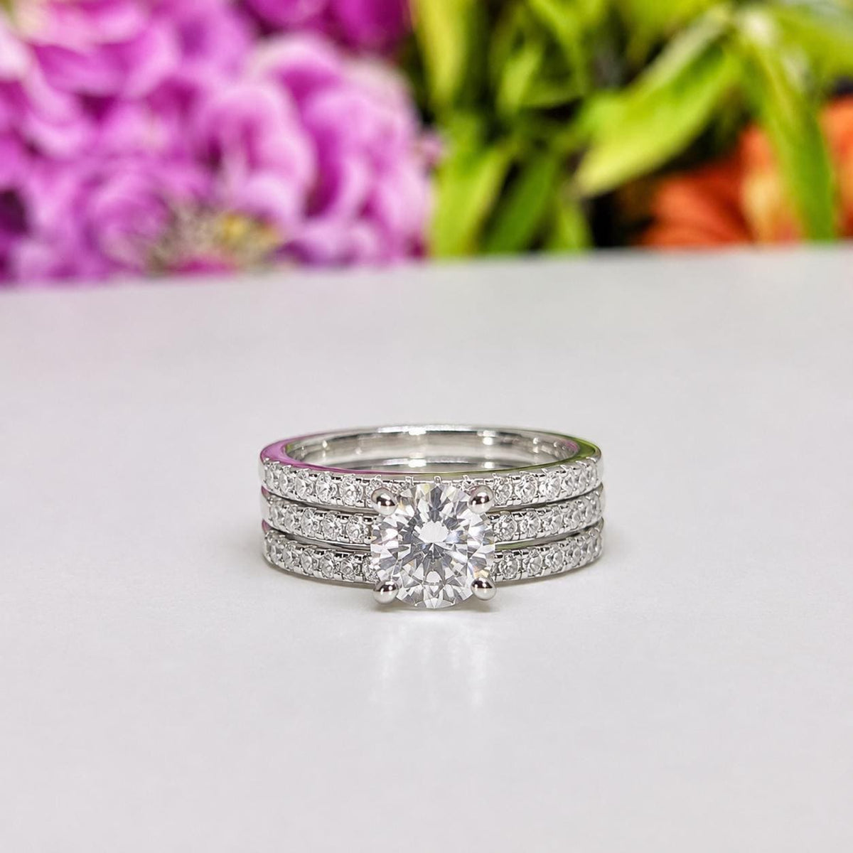 Moissanite Sterling Silver Wedding Ring Set - Round Bridal Stacking Rings