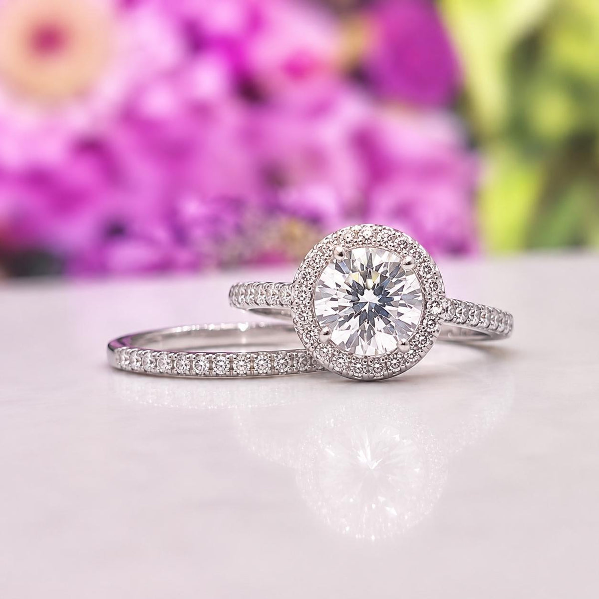Round Cut Halo 2 Carat Moissanite Engagement Ring : 925 Sterling Silver