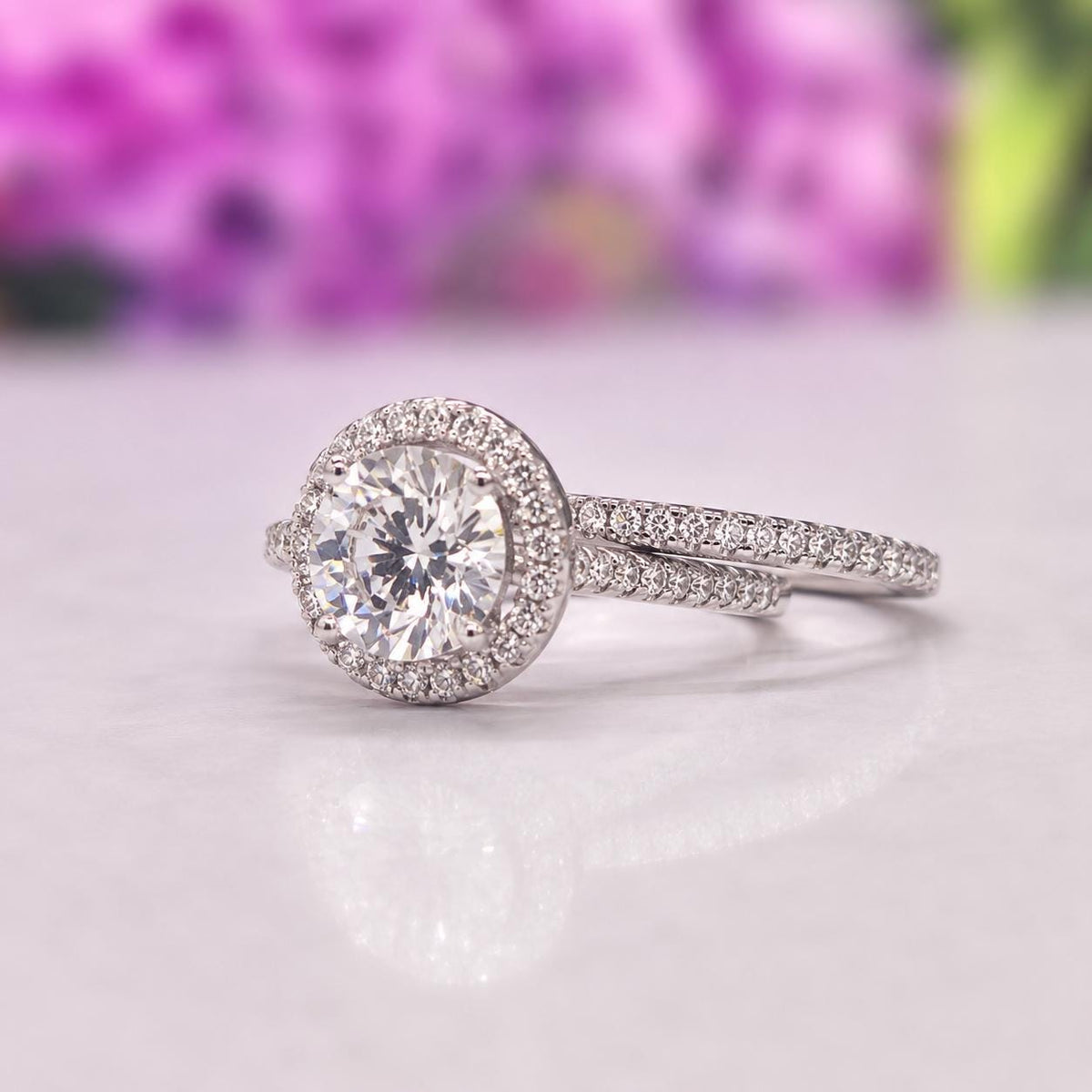 Round Cut Halo 2 Carat Moissanite Engagement Ring : 925 Sterling Silver