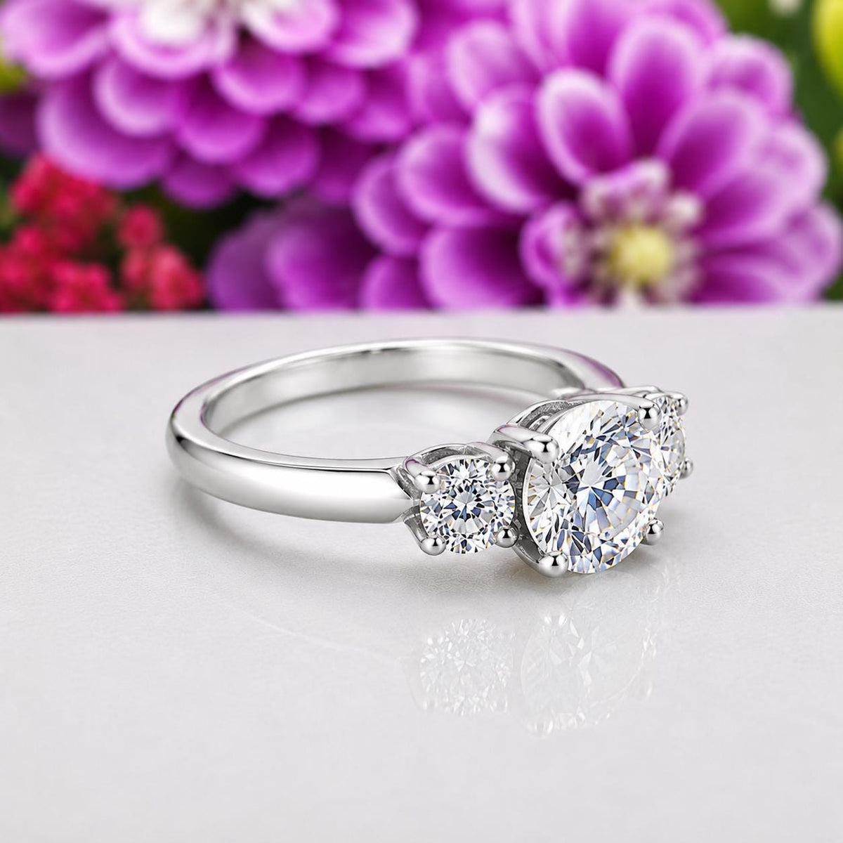 Three Stone 1.5 CTW Moissanite Diamond Engagement Ring : 925 Sterling Silver
